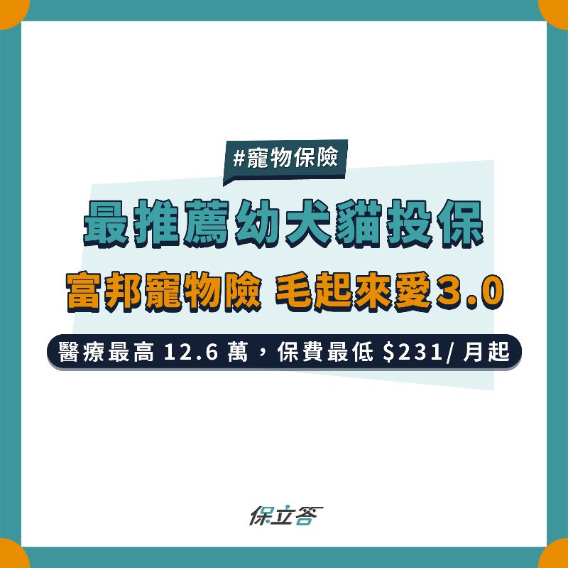 最推薦幼犬幼貓投保的富邦寵物險！毛起來愛4.0，醫療保障最高13萬元，每月保費最低只要$319起